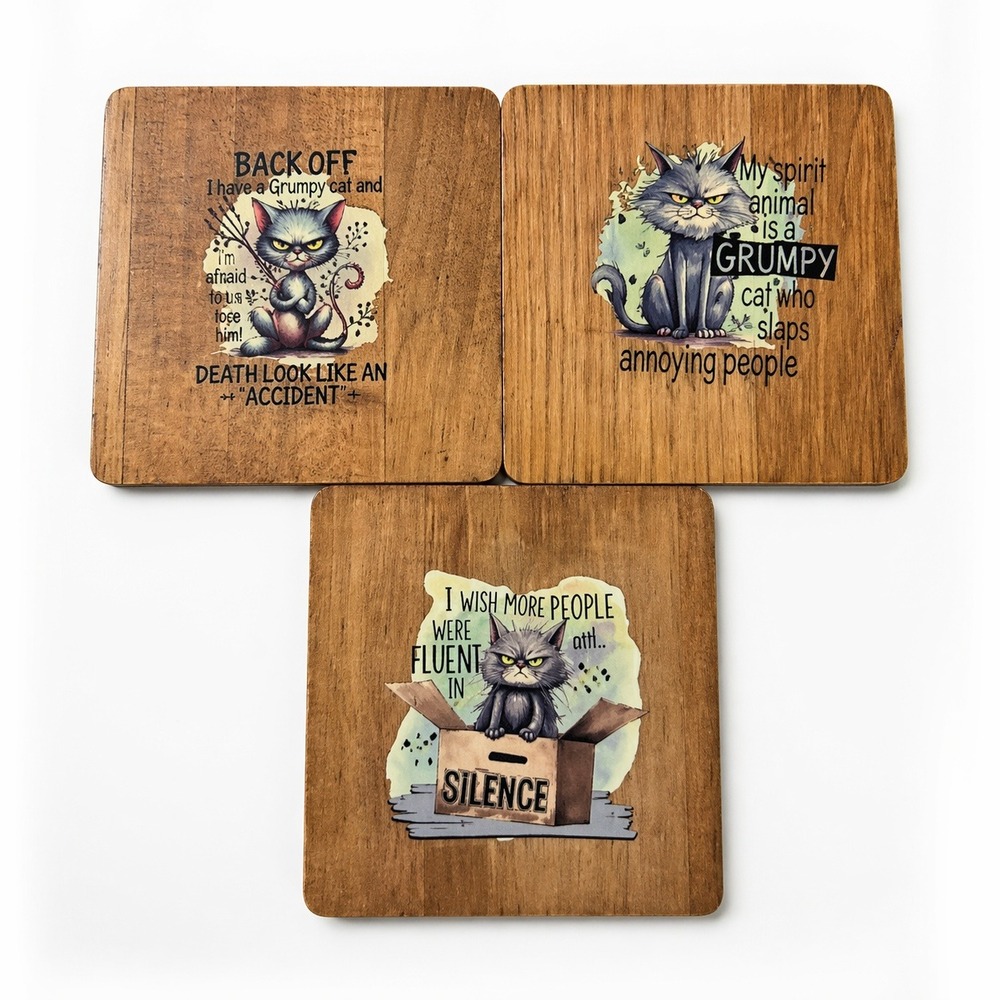 Grumpy Cat Wooden Coasters Set of 3 Snarky Humor Rustic Drink Mats Brown F1